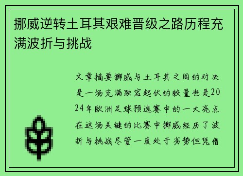 挪威逆转土耳其艰难晋级之路历程充满波折与挑战